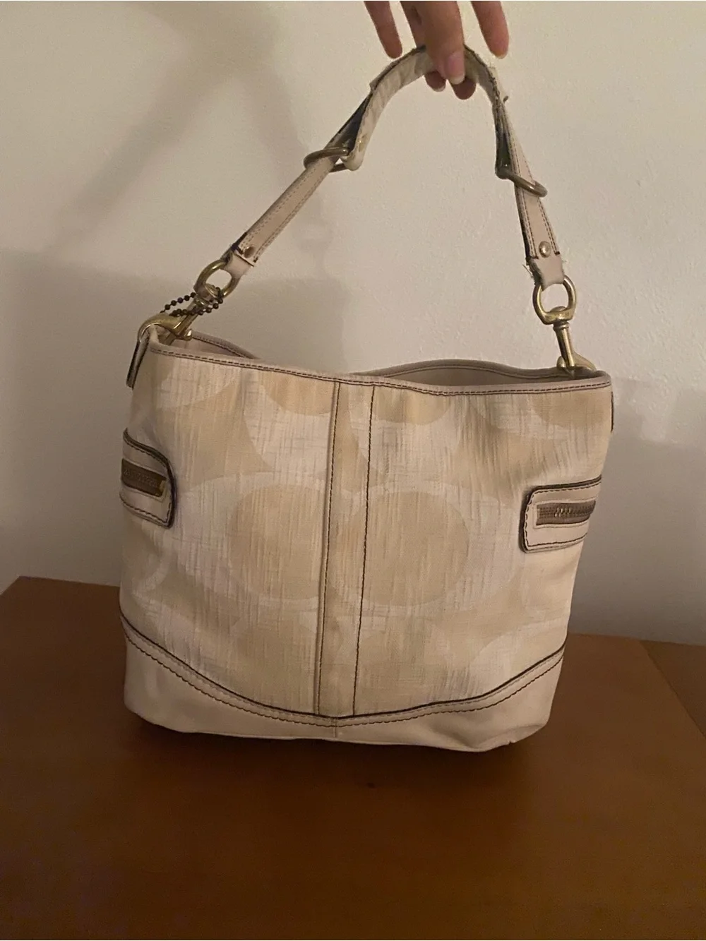 Coach Cream Patterned Hobo Shoulder Bag with Gold Hardware